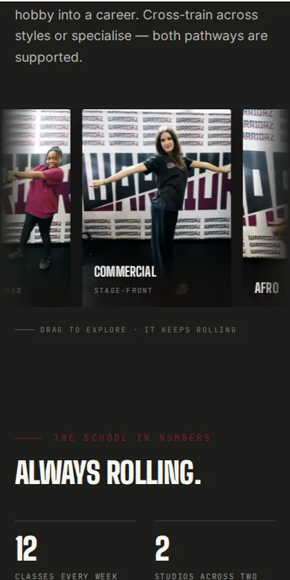 The Warriorz Performing Arts Academy website on a phone